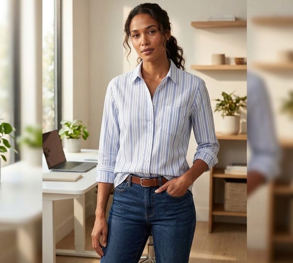 UNTUCKit Shirt Womens 14 Blue Striped Button Down Clean Girl Officecore Blouse